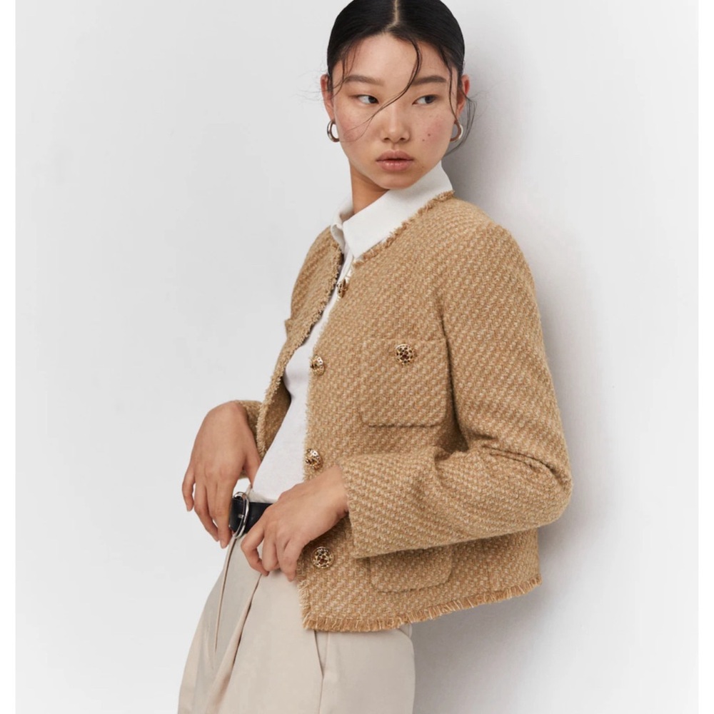 Mango Jewel Buttons Detail Tweed Jacket In Camel NWT Size L